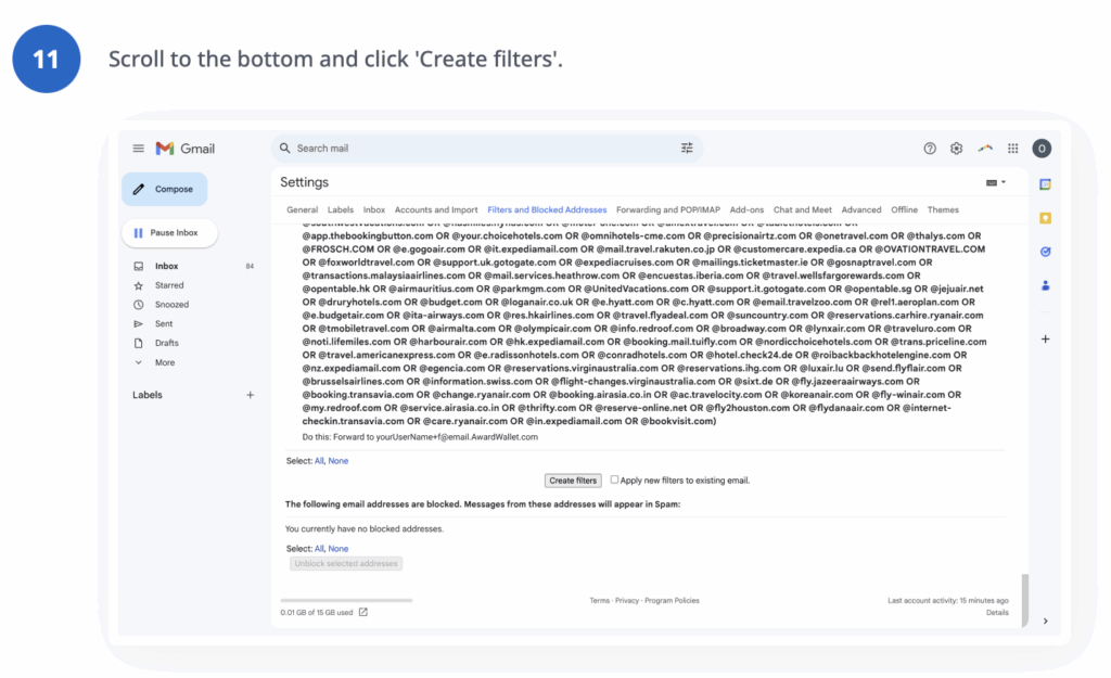 GMail create a filter page.